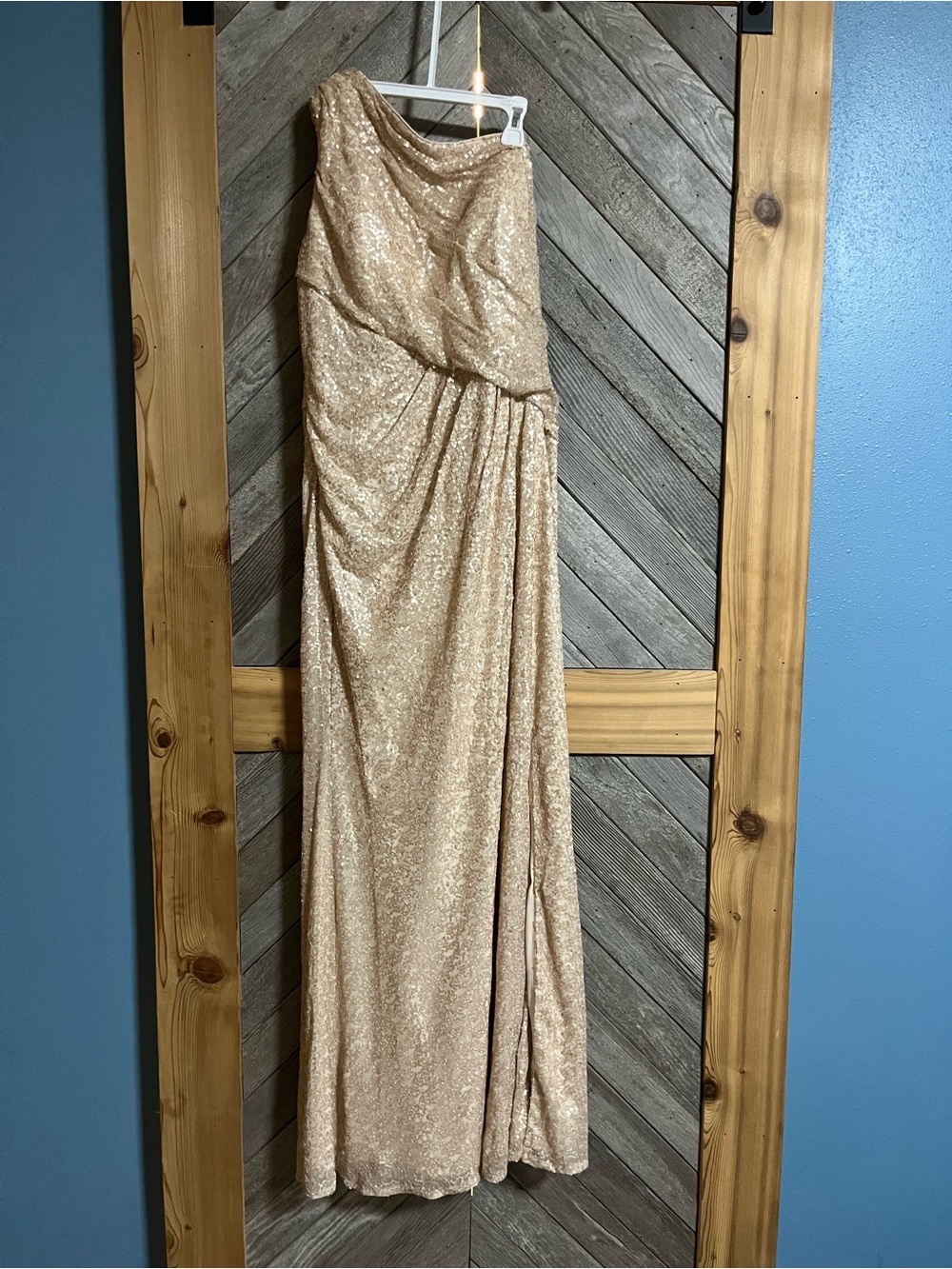 Bill Levkoff One-Shoulder Sequin Gown in Champagne